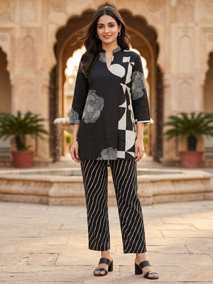 Elegant Black Abstract Print Pure Cotton Top Bottom Set Minimal Ethnic Look - Image 1