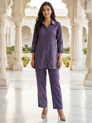 Violet Crepe Top Bottom Set with Embroidered Accents - Image 1