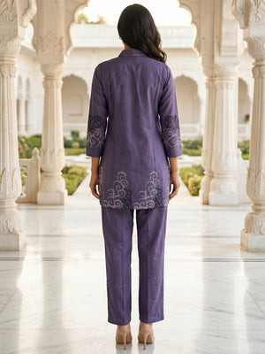 Violet Crepe Top Bottom Set with Embroidered Accents - Image 2