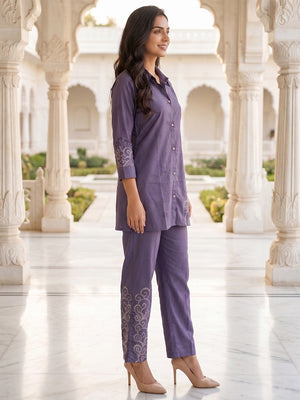 Violet Crepe Top Bottom Set with Embroidered Accents - Image 2
