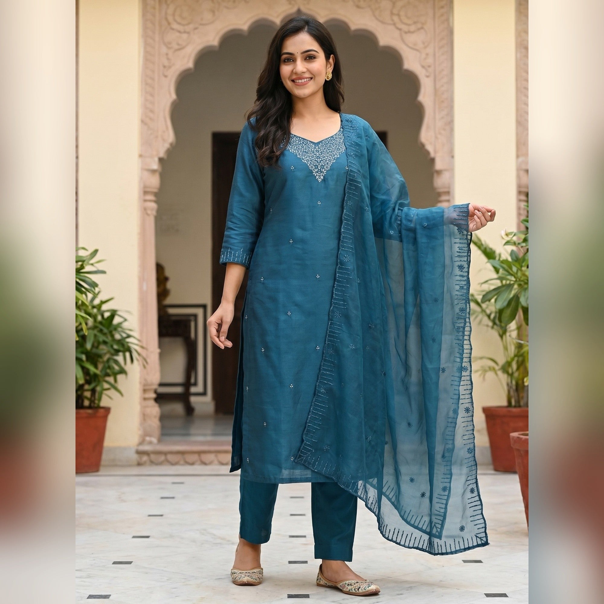 Teal Sequins Embroidered Art Silk Dress Material - Image 1