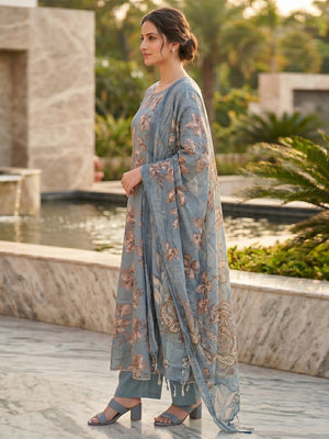 Dusty Blue Floral Printed Viscose Salwar Suit with Dupatta Festive Ethnic Wear - Image 2