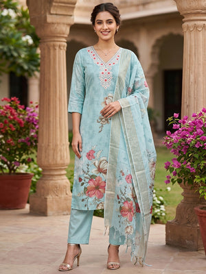 Blue Linen Salwar Suit with Embroidered Neck and Floral Print Soft Fabric Wear - Image 1
