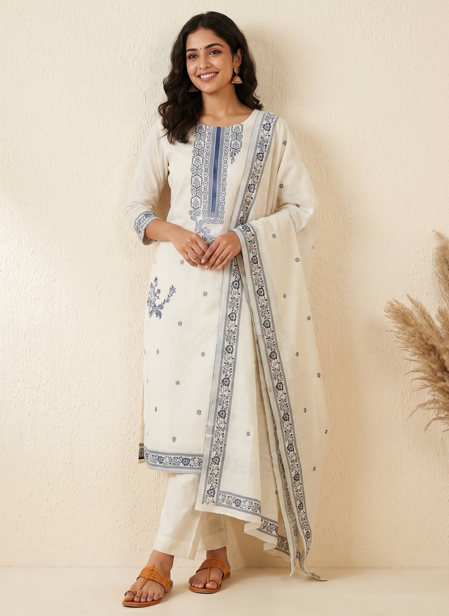 Off White Woven Pure Cotton Dress Material