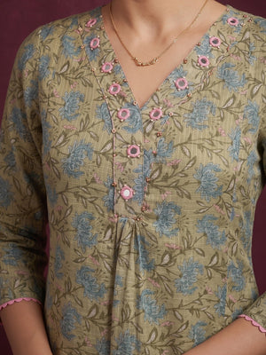 Green Floral Printed Kota Doria Salwar Suit with Dupatta - Image 2