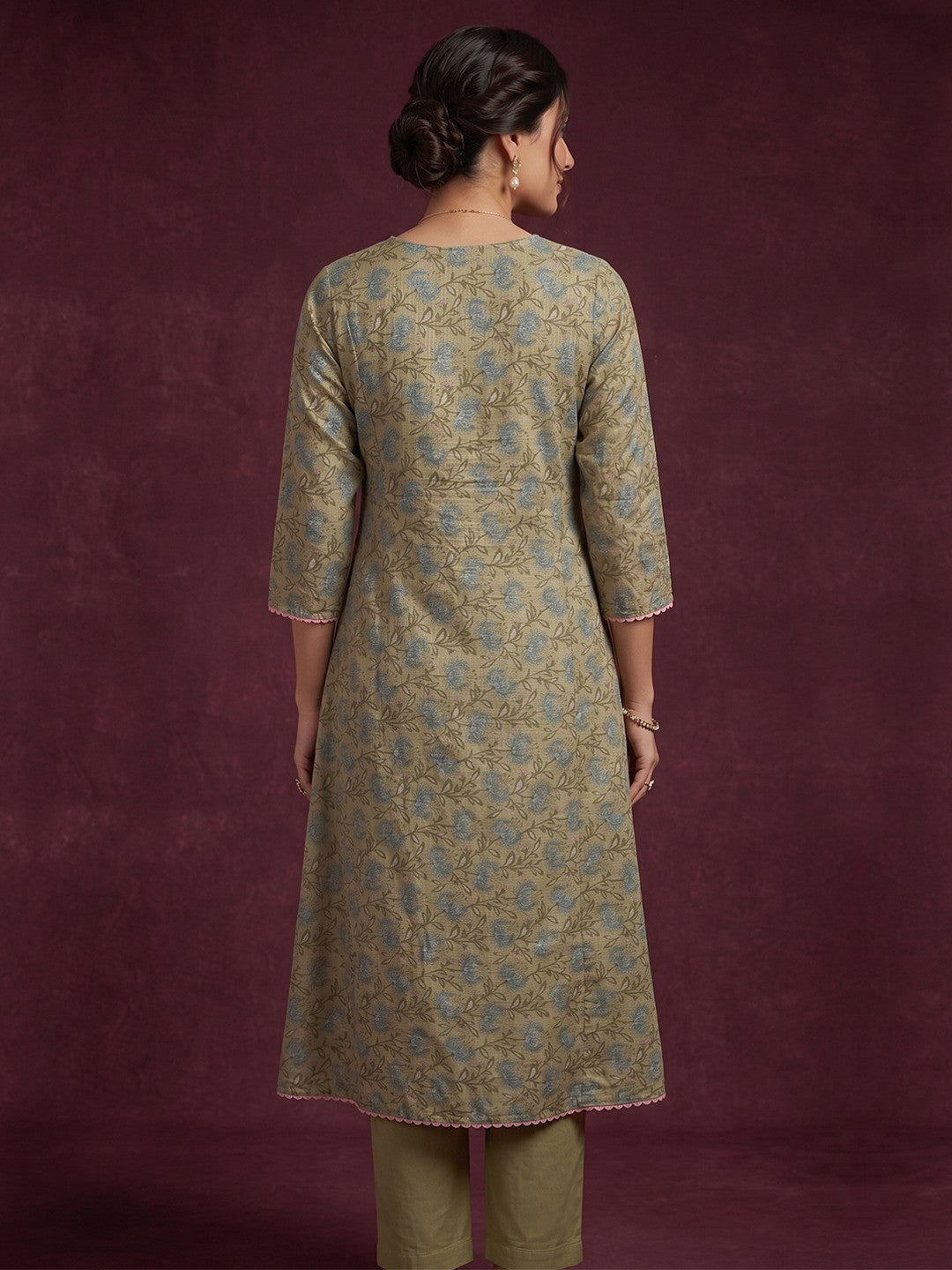 Green Floral Printed Kota Doria Salwar Suit with Dupatta - Image 3