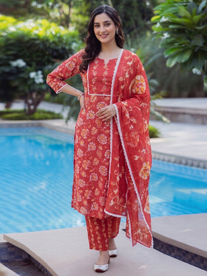 Red Floral Cotton Salwar Suit Set with Dupatta Soft Comfortable Ethnic Wear - Image 1