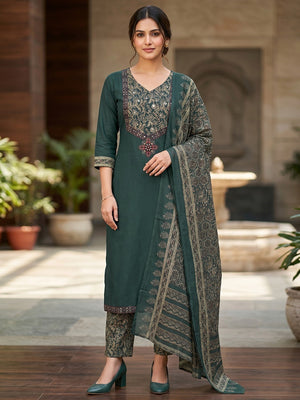 Premium Green Printed Pure Cotton Straight Fit Salwar Suit with Mirror Work Elegant Look - Image 1