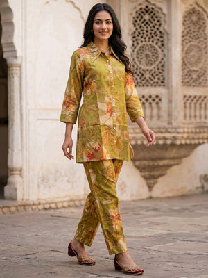 Green Floral Printed Rayon Top Bottom Set Stylish Everyday Ethnic Wear - Image 1
