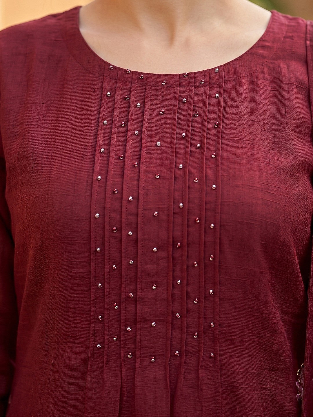 Maroon Floral Embroidered Mul Chanderi Straight Fit Salwar Suit Elegant Ethnic Wear - Image 2