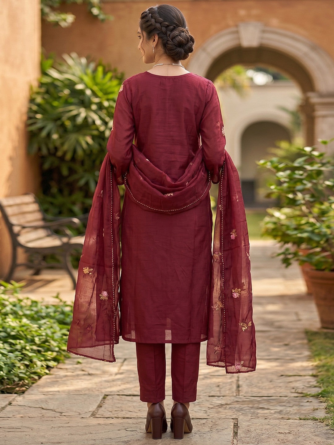 Maroon Floral Embroidered Mul Chanderi Straight Fit Salwar Suit Elegant Ethnic Wear - Image 3