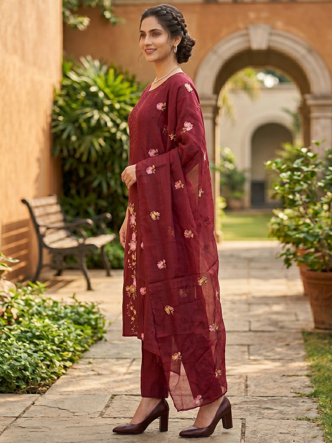 Maroon Floral Embroidered Mul Chanderi Straight Fit Salwar Suit Elegant Ethnic Wear - Image 4