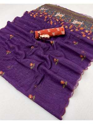 Stylish Purple Linen Saree with Multicolor Printed Motifs Minimal Elegant Look - Image 2