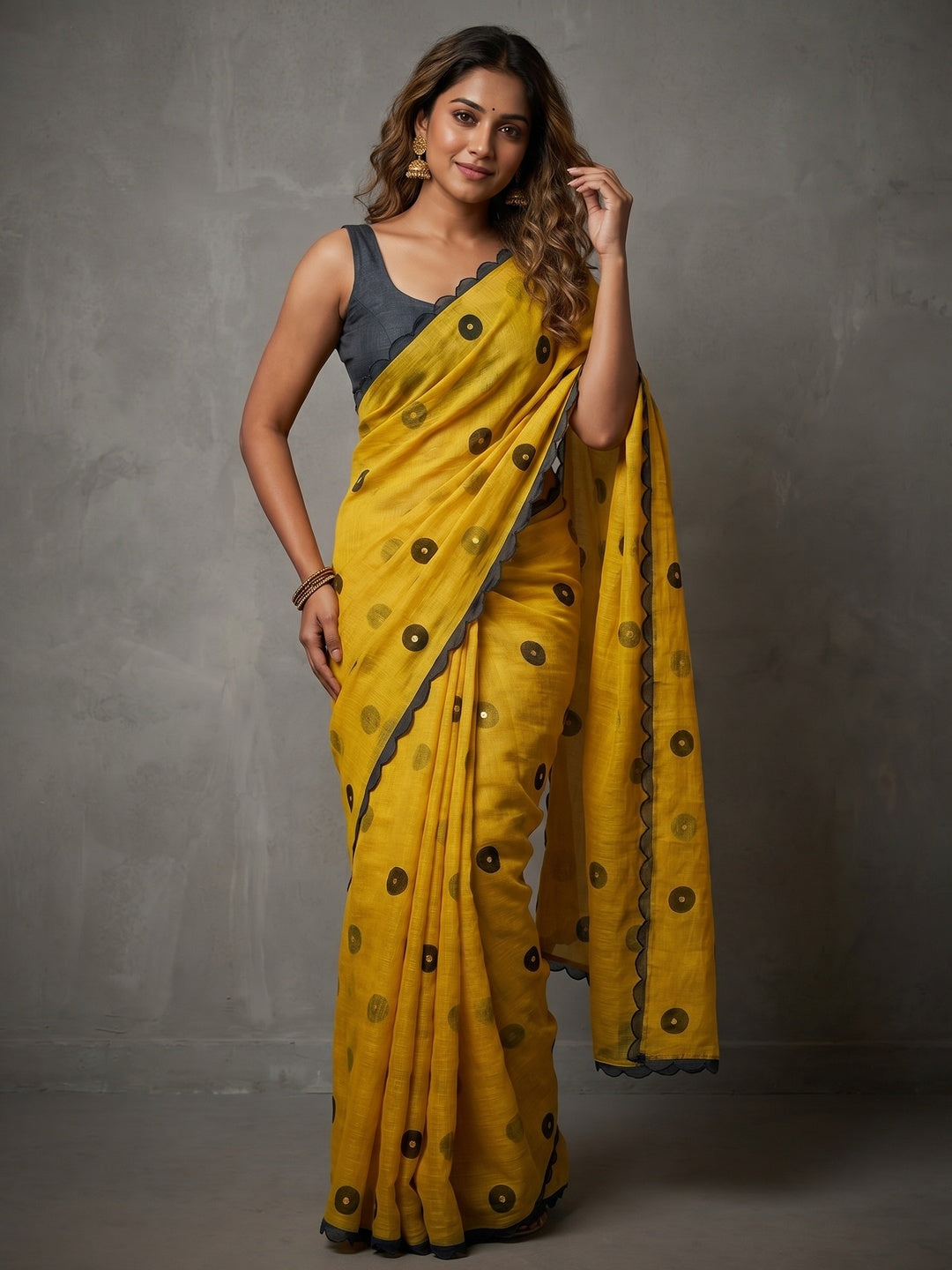 Stylish Yellow Linen Saree with Multicolor Printed Motifs Minimal Elegant Look - Image 5