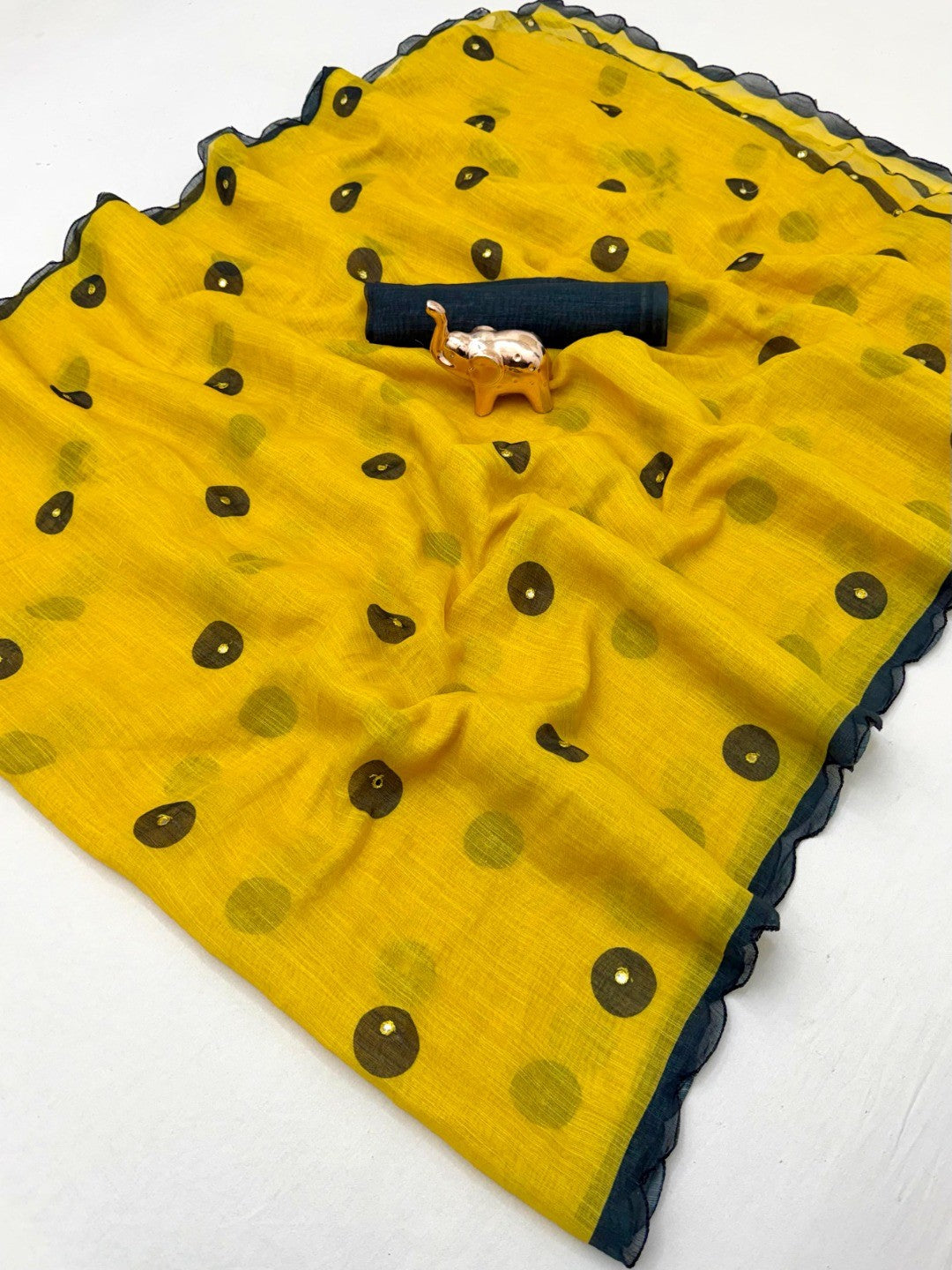 Stylish Yellow Linen Saree with Multicolor Printed Motifs Minimal Elegant Look - Image 2