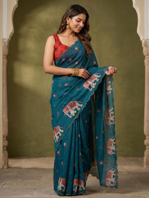 Stylish Teal Linen Saree with Multicolor Printed Motifs Minimal Elegant Look - Image 1