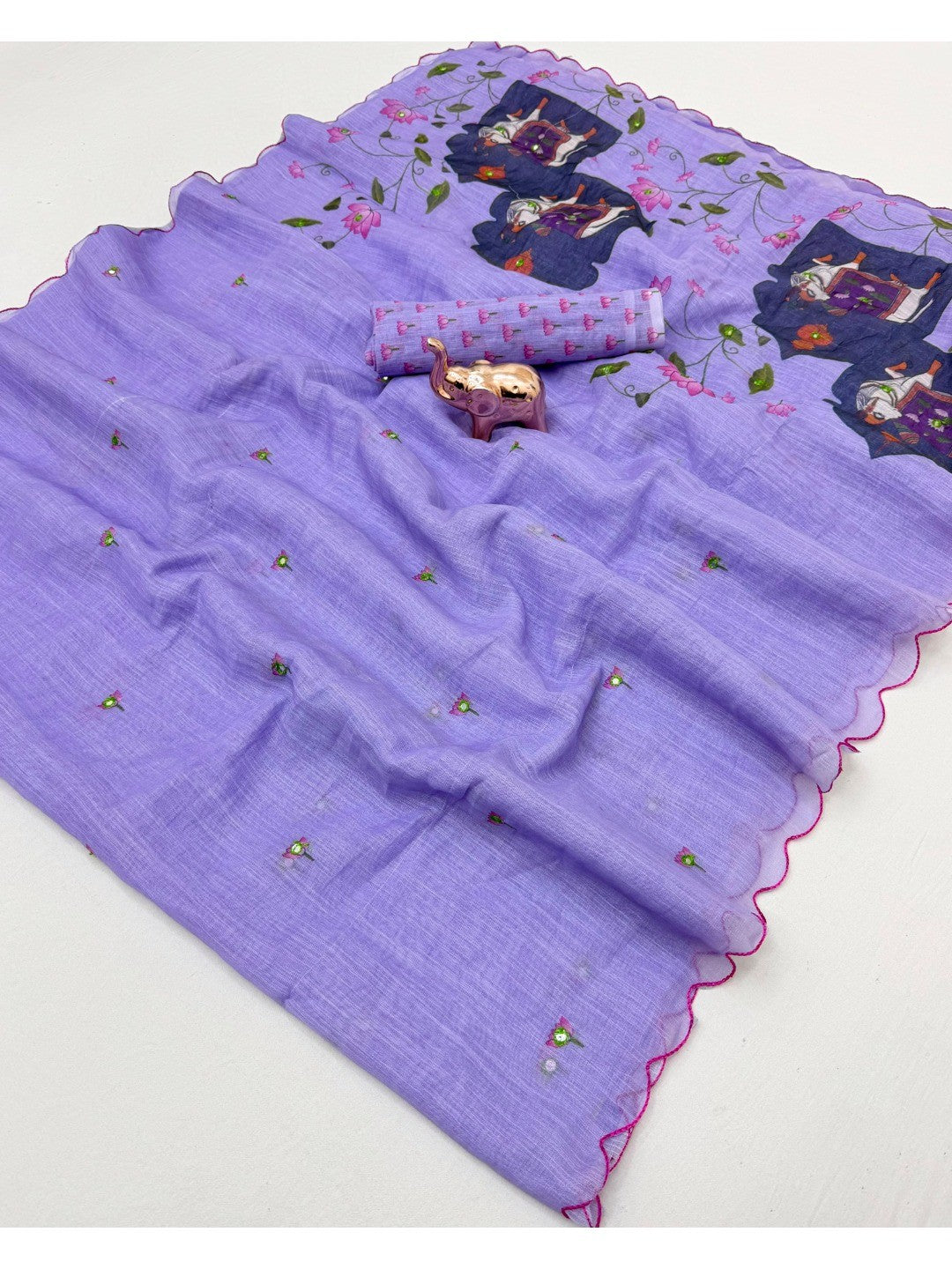 Stylish Lavender Linen Saree with Multicolor Printed Motifs Minimal Elegant Look - Image 3