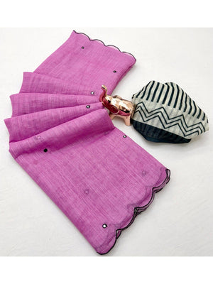 Stylish Pink Linen Saree with Multicolor Printed Motifs Minimal Elegant Look - Image 2