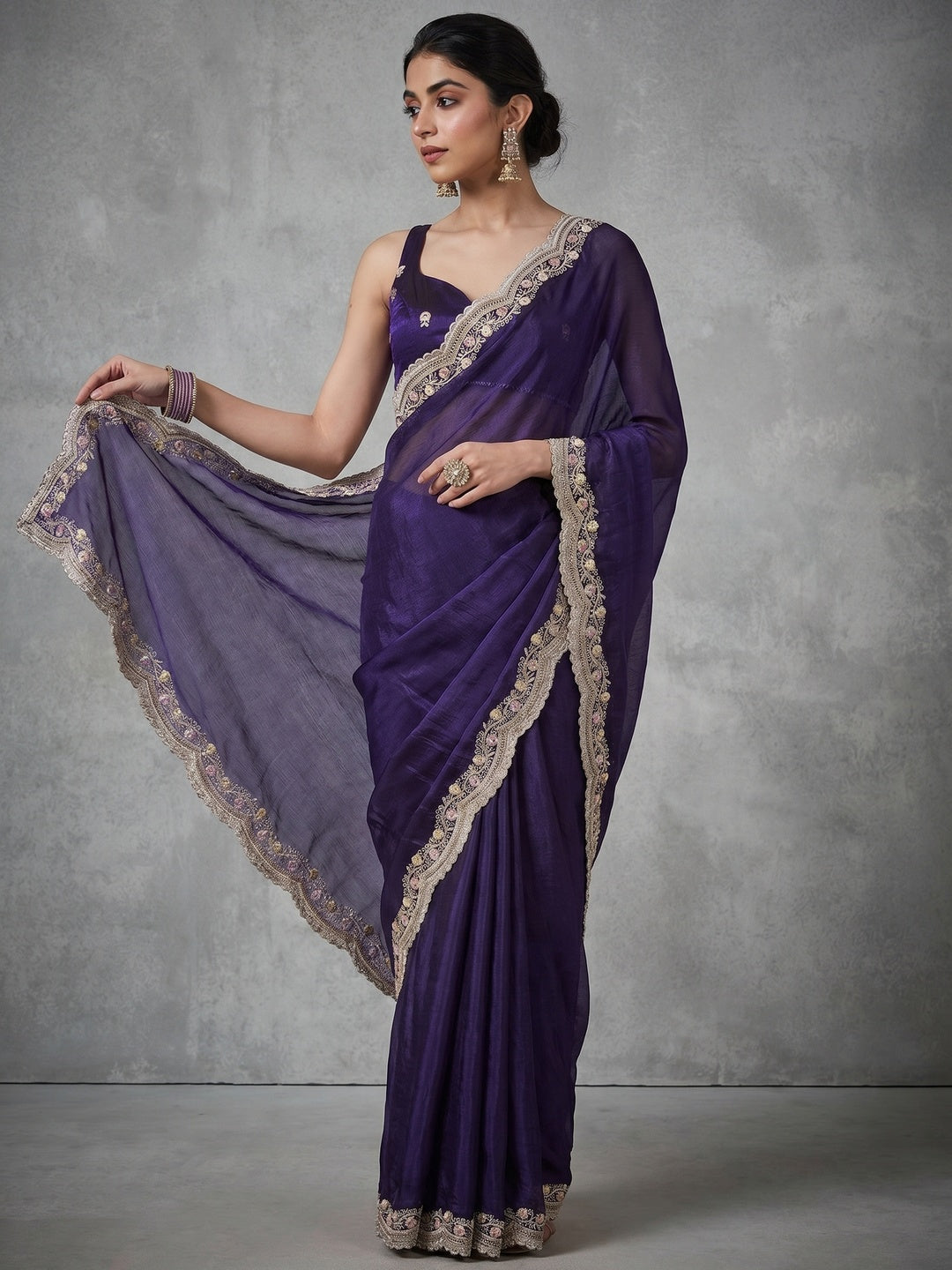 Elegant Purple Satin Saree with Embellished Border for Festive Occasions - Image 4