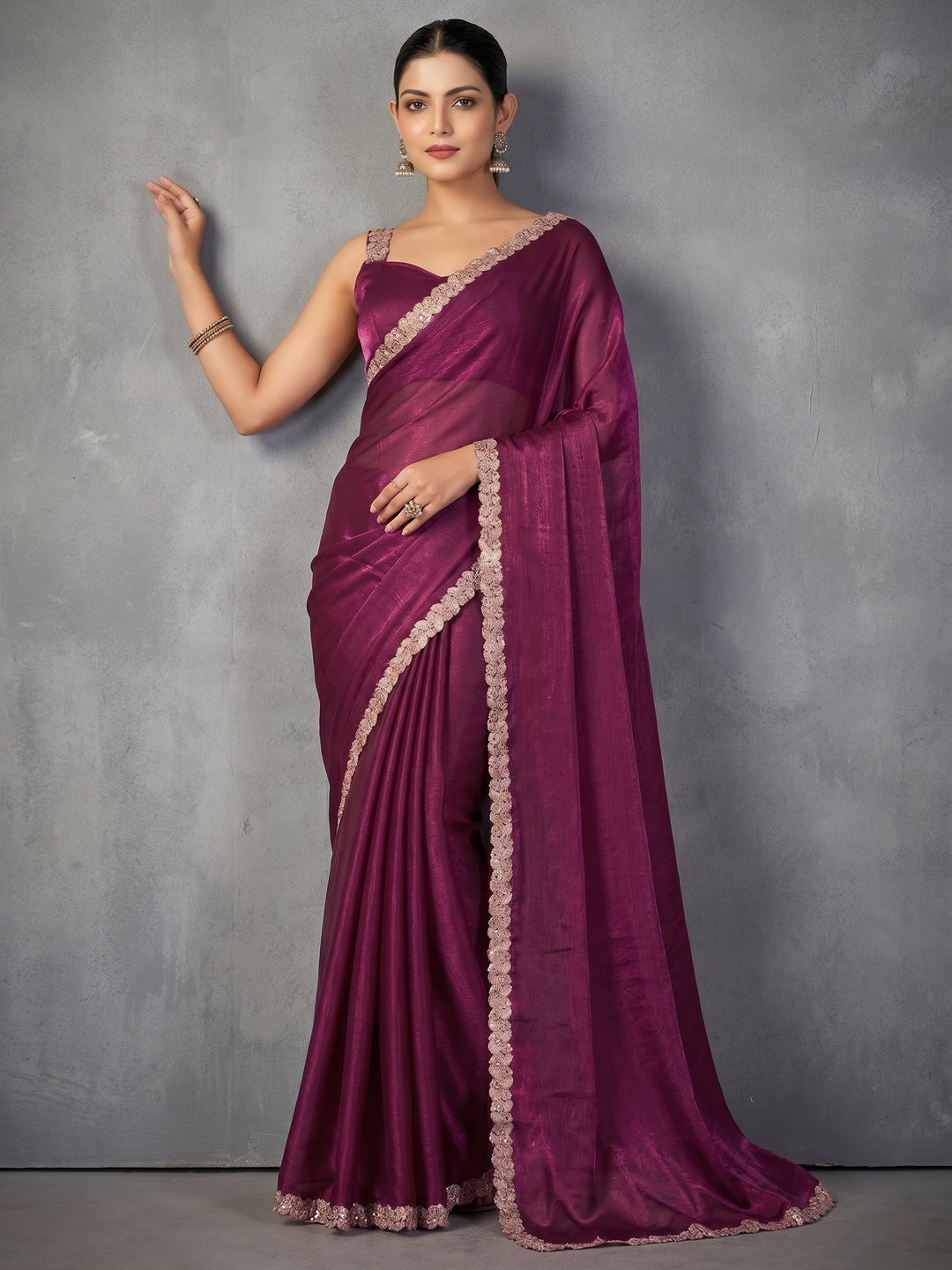 Elegant Magenta Satin Saree with Embellished Border Stylish Evening Wear - Image 2