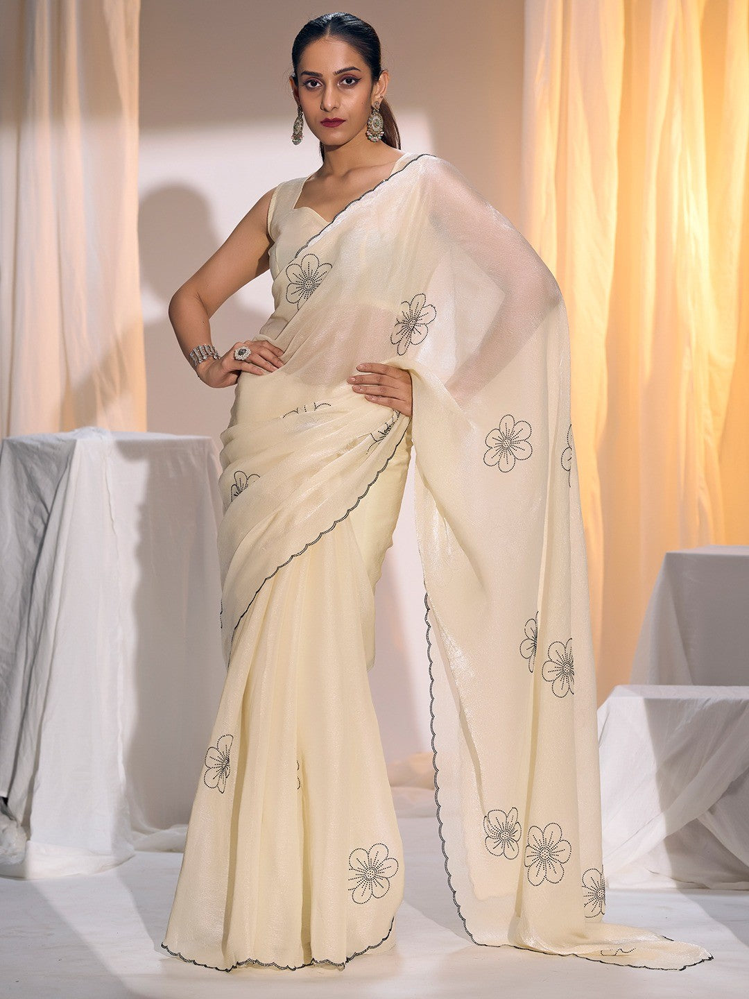 Elegant Cream Satin Silk Saree Featuring Floral Design & Stone Work Embellishment - Image 5