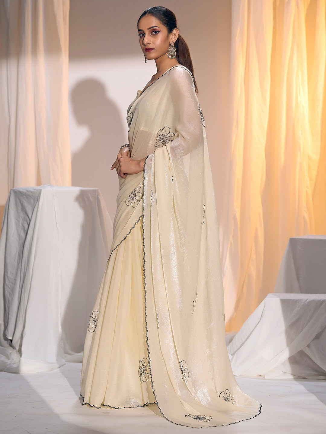 Elegant Cream Satin Silk Saree Featuring Floral Design & Stone Work Embellishment - Image 4