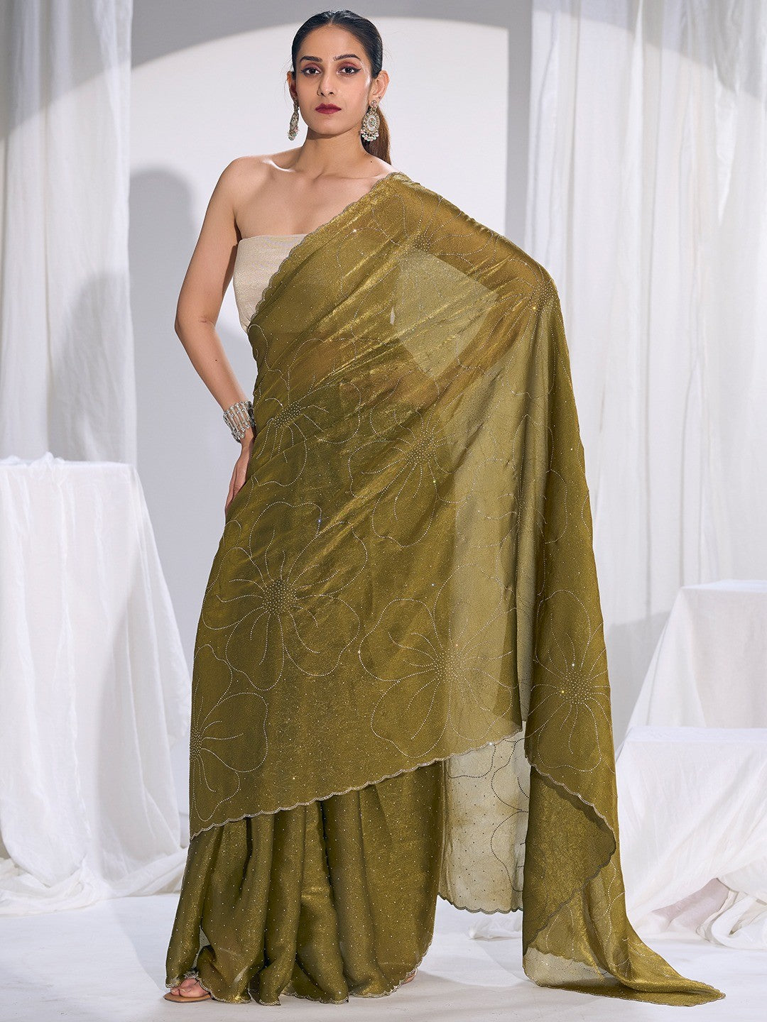 Stunning Olive Satin Silk Saree Highlighting Floral Stone Work Craftsmanship - Image 1