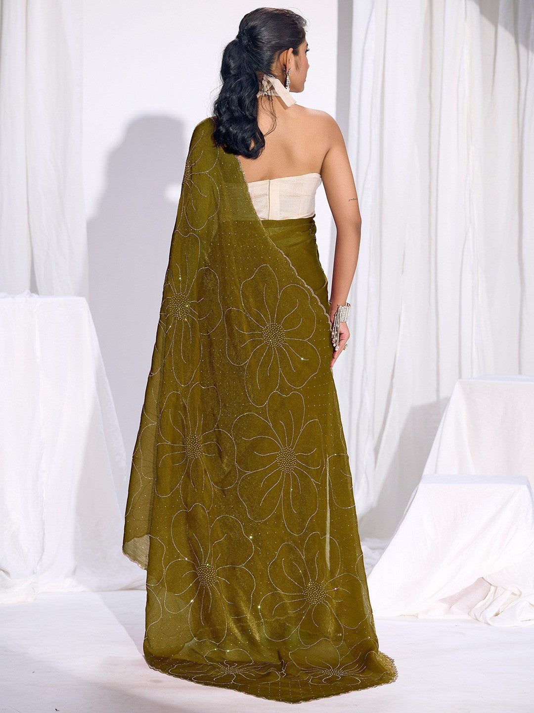 Stunning Olive Satin Silk Saree Highlighting Floral Stone Work Craftsmanship - Image 4