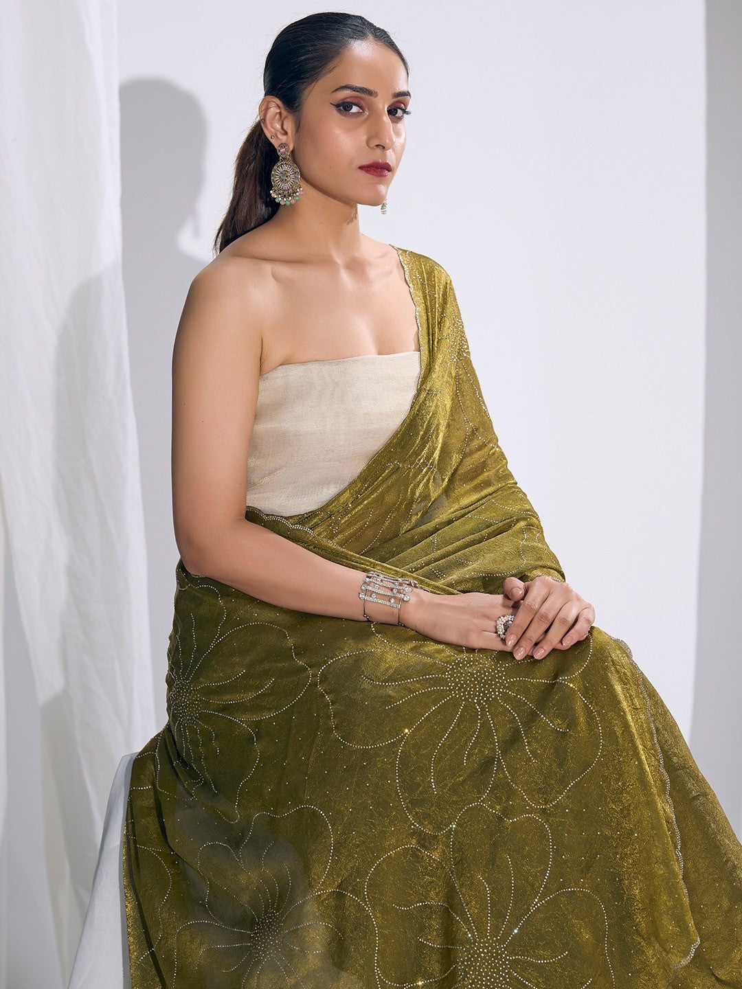 Stunning Olive Satin Silk Saree Highlighting Floral Stone Work Craftsmanship - Image 3