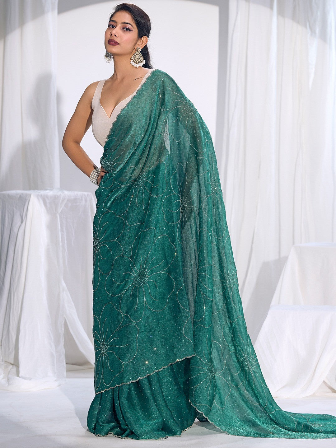 Stunning Teal Satin Silk Saree Highlighting Floral Stone Work Craftsmanship - Image 4