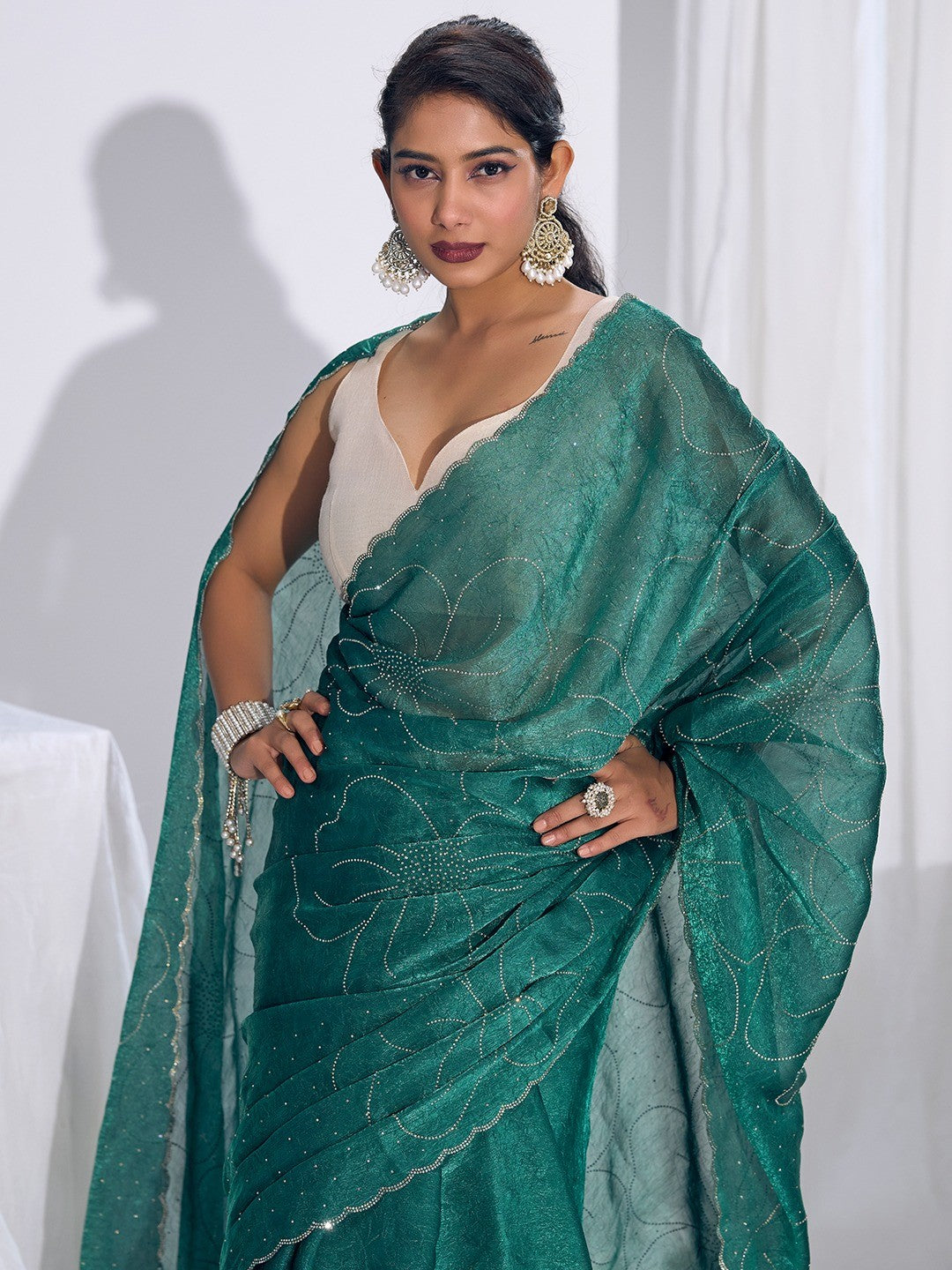 Stunning Teal Satin Silk Saree Highlighting Floral Stone Work Craftsmanship - Image 6