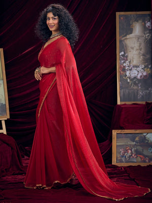 Classic Red Solid Art Silk Saree Featuring Sequins Embroidery & Gota Patti Lace Border - Image 2