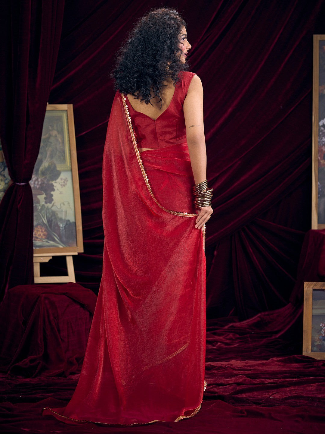 Classic Red Solid Art Silk Saree Featuring Sequins Embroidery & Gota Patti Lace Border - Image 3