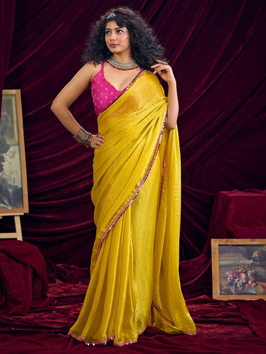 Classic Yellow Solid Art Silk Saree Featuring Sequins Embroidery & Gota Patti Lace Border - Image 1