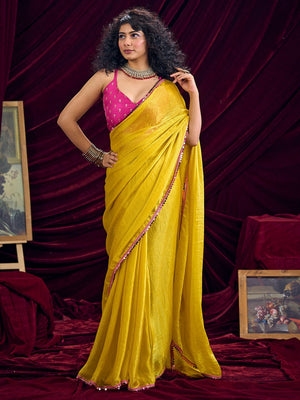 Classic Yellow Solid Art Silk Saree Featuring Sequins Embroidery & Gota Patti Lace Border - Image 1