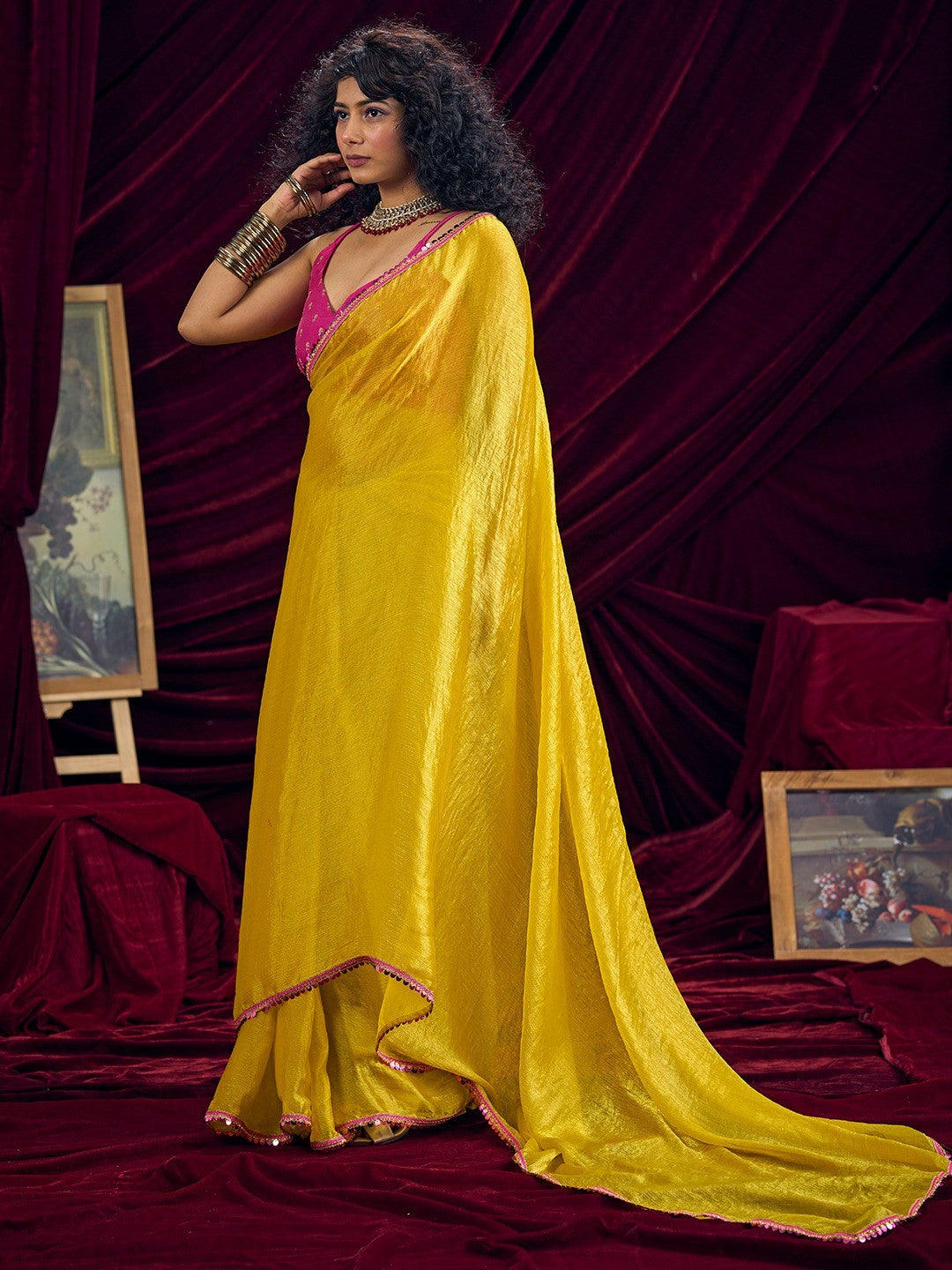 Classic Yellow Solid Art Silk Saree Featuring Sequins Embroidery & Gota Patti Lace Border - Image 5