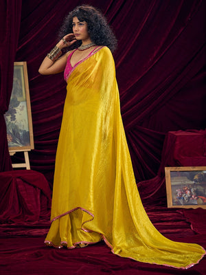 Classic Yellow Solid Art Silk Saree Featuring Sequins Embroidery & Gota Patti Lace Border - Image 2