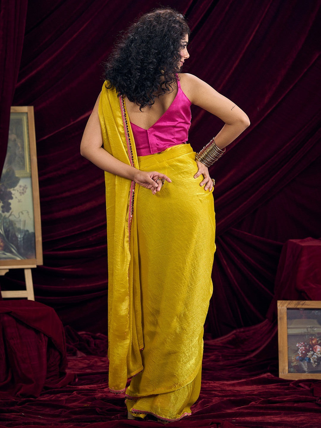 Classic Yellow Solid Art Silk Saree Featuring Sequins Embroidery & Gota Patti Lace Border - Image 4