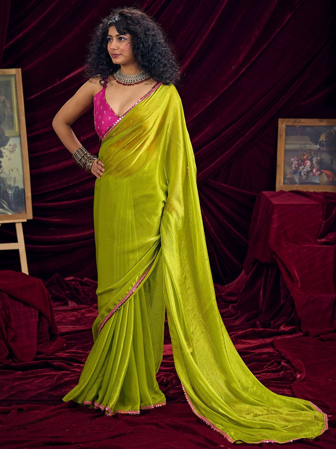 Classic Parrot Green Solid Art Silk Saree Featuring Sequins Embroidery & Gota Patti Lace Border - Image 1
