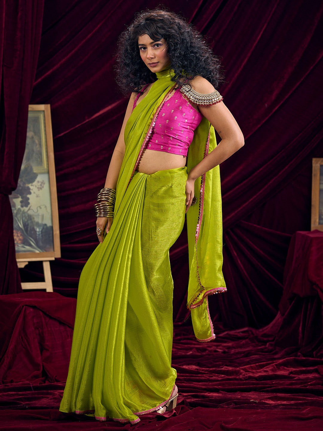 Classic Parrot Green Solid Art Silk Saree Featuring Sequins Embroidery & Gota Patti Lace Border - Image 4