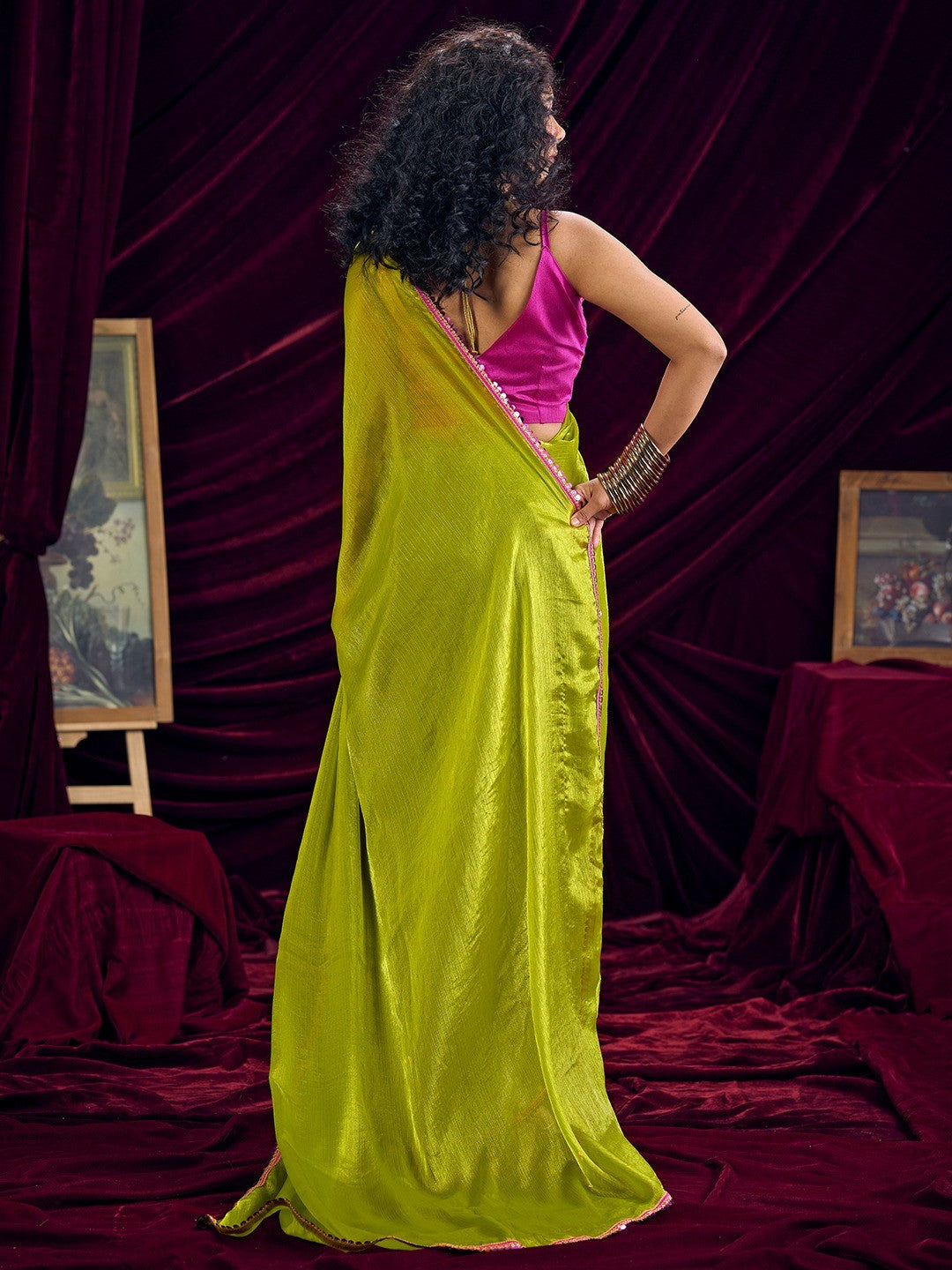 Classic Parrot Green Solid Art Silk Saree Featuring Sequins Embroidery & Gota Patti Lace Border - Image 3
