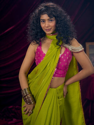 Classic Parrot Green Solid Art Silk Saree Featuring Sequins Embroidery & Gota Patti Lace Border - Image 2