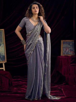 Classic Greyish Purple Solid Art Silk Saree Featuring Sequins Embroidery & Gota Patti Lace Border - Image 1