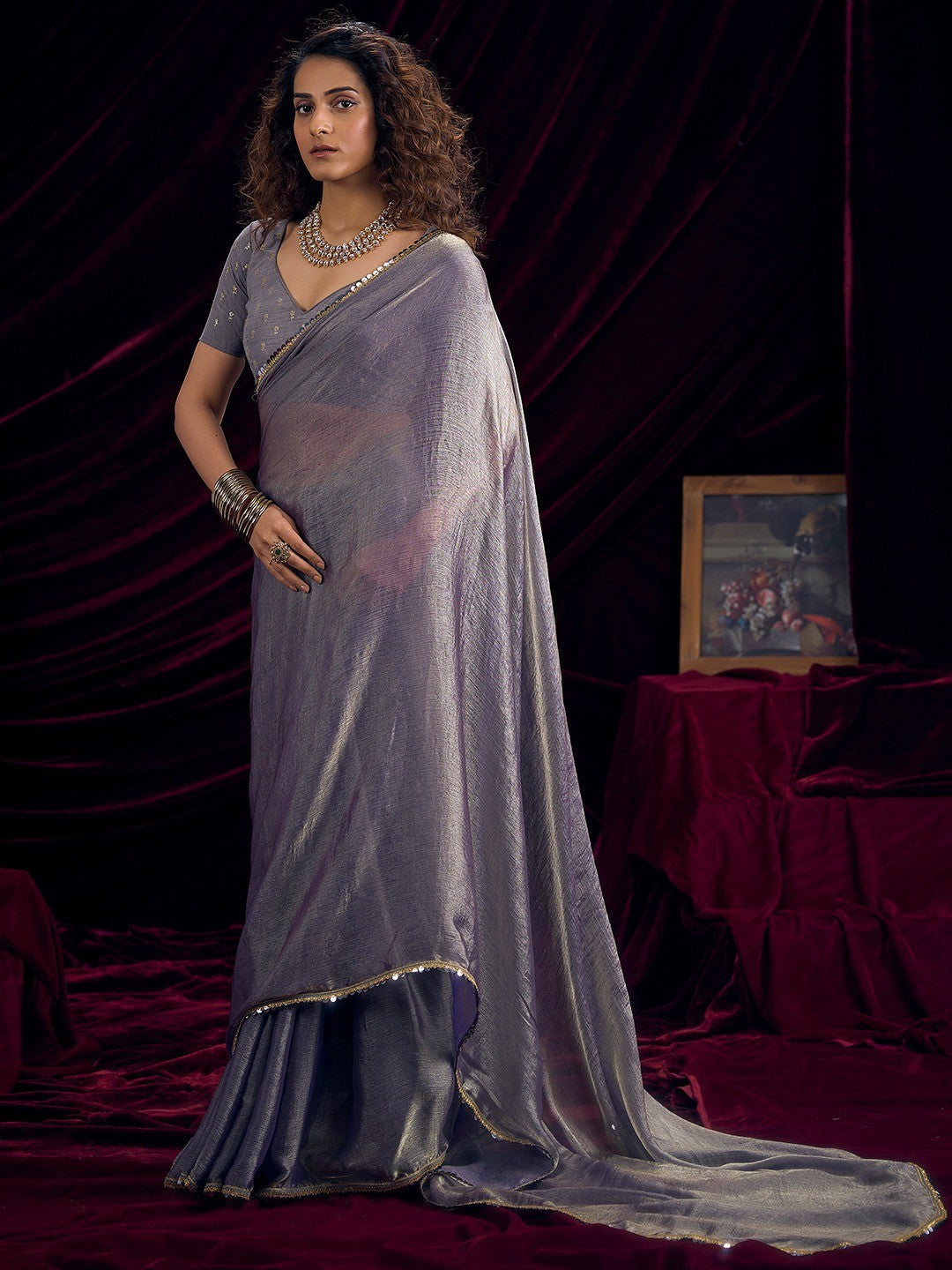 Classic Greyish Purple Solid Art Silk Saree Featuring Sequins Embroidery & Gota Patti Lace Border - Image 6