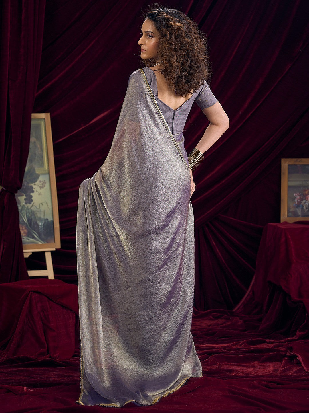 Classic Greyish Purple Solid Art Silk Saree Featuring Sequins Embroidery & Gota Patti Lace Border - Image 4