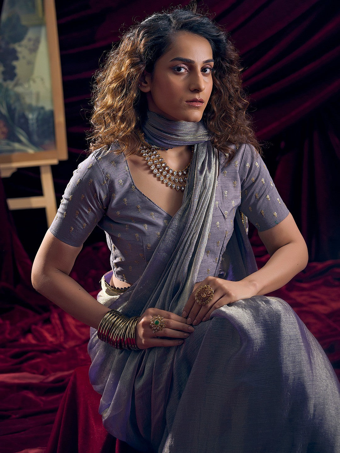 Classic Greyish Purple Solid Art Silk Saree Featuring Sequins Embroidery & Gota Patti Lace Border - Image 3