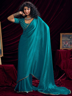 Classic Rama Blue Solid Art Silk Saree Featuring Sequins Embroidery & Gota Patti Lace Border - Image 1