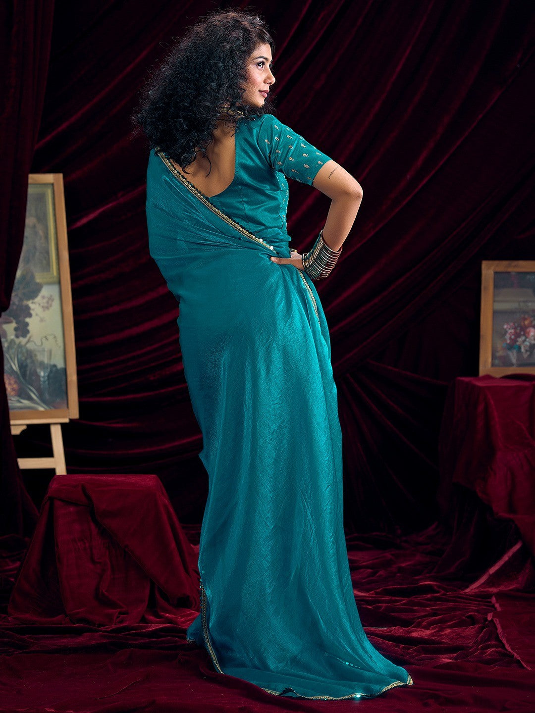 Classic Rama Blue Solid Art Silk Saree Featuring Sequins Embroidery & Gota Patti Lace Border - Image 3