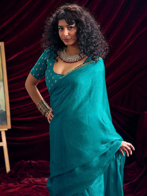 Classic Rama Blue Solid Art Silk Saree Featuring Sequins Embroidery & Gota Patti Lace Border - Image 2