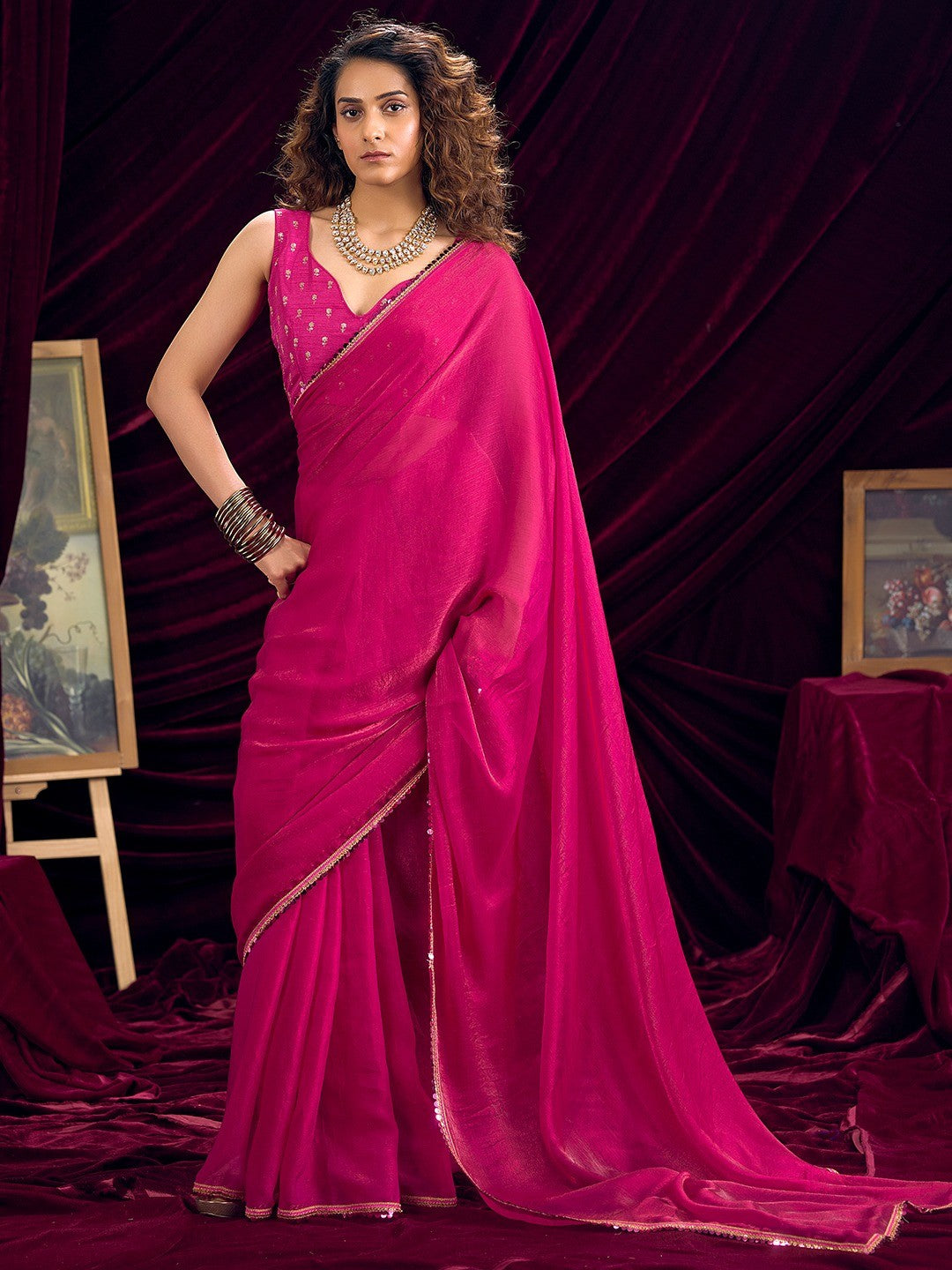 Classic Pink Solid Art Silk Saree Featuring Sequins Embroidery & Gota Patti Lace Border - Image 1
